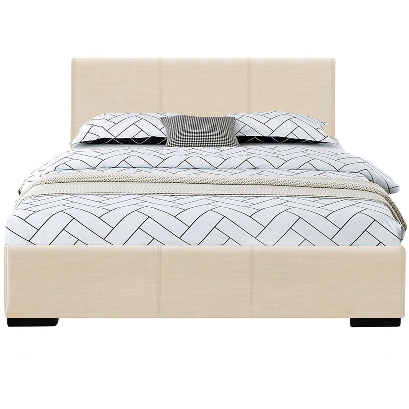 Modern Beige Fabric Upholstered Platform Bed with Panel Headboard, Queen/King Size Bed Frame