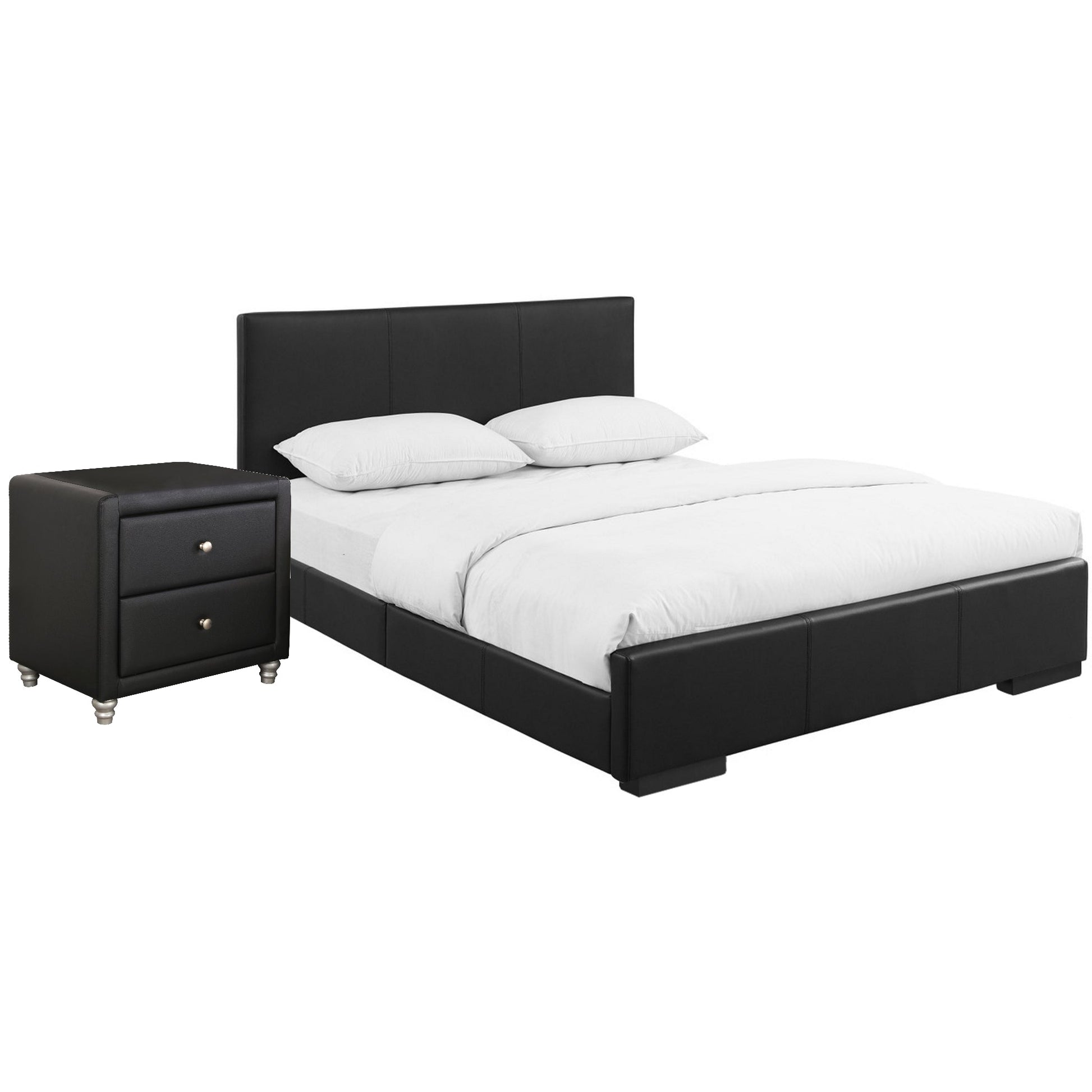 Modern Black Upholstered Platform Bed with Matching Single Nightstand, Queen/King Size