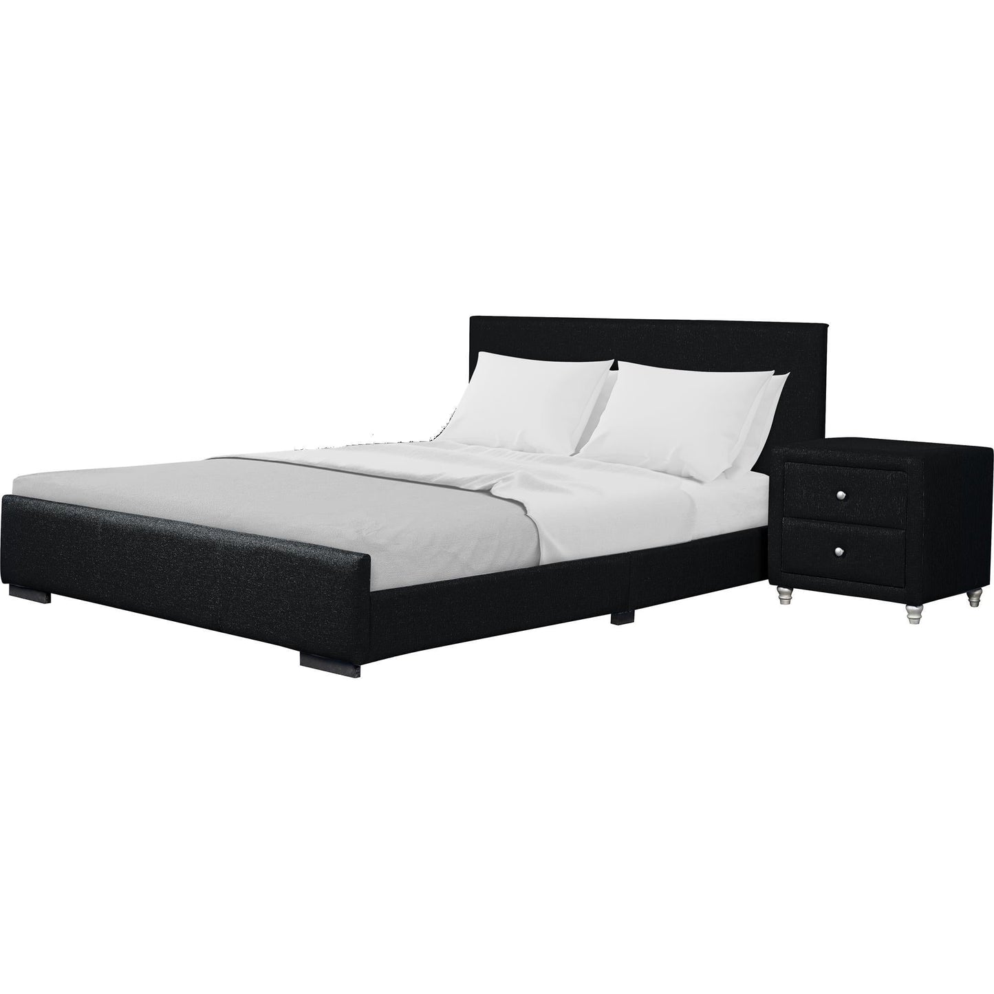 Modern Black Fabric Upholstered Platform Bed with Matching Single Nightstand, Queen/King Size