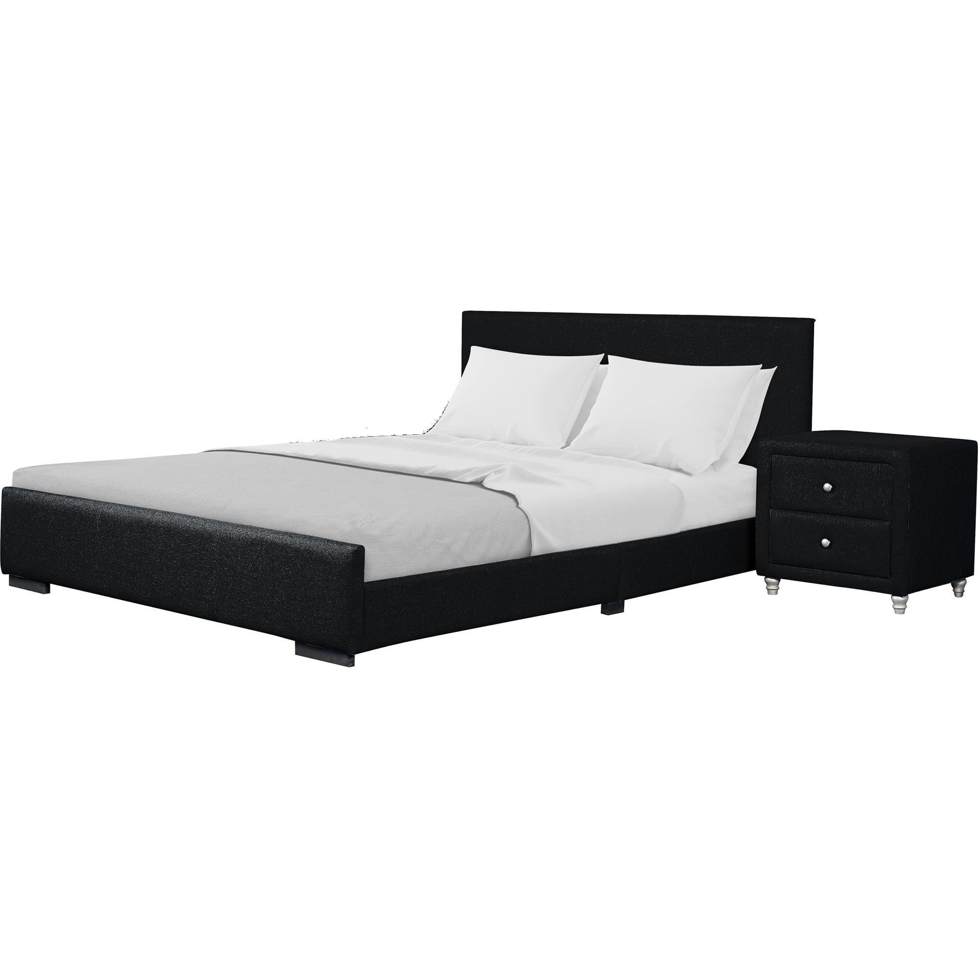 Modern Black Fabric Upholstered Platform Bed with Matching Single Nightstand, Queen/King Size