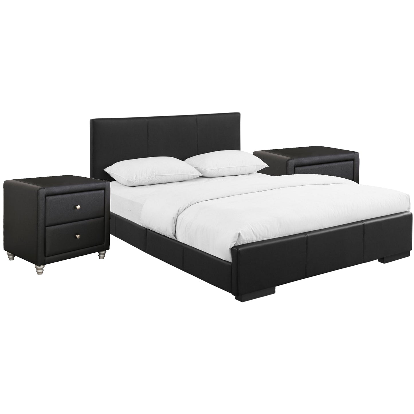 Modern Black Faux Leather Platform Bedroom Set with Panel Headboard and Two Matching Nightstands, Queen/King Size