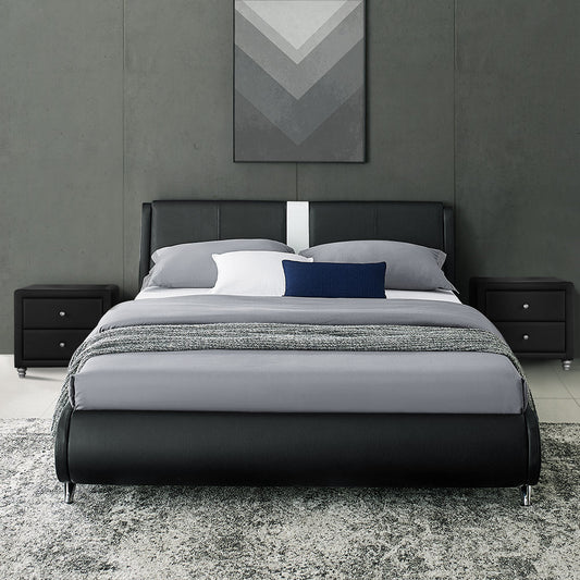 Modern Black Faux Leather Platform Bed with White Stripe Headboard and Chrome Feet, King/Queen Size