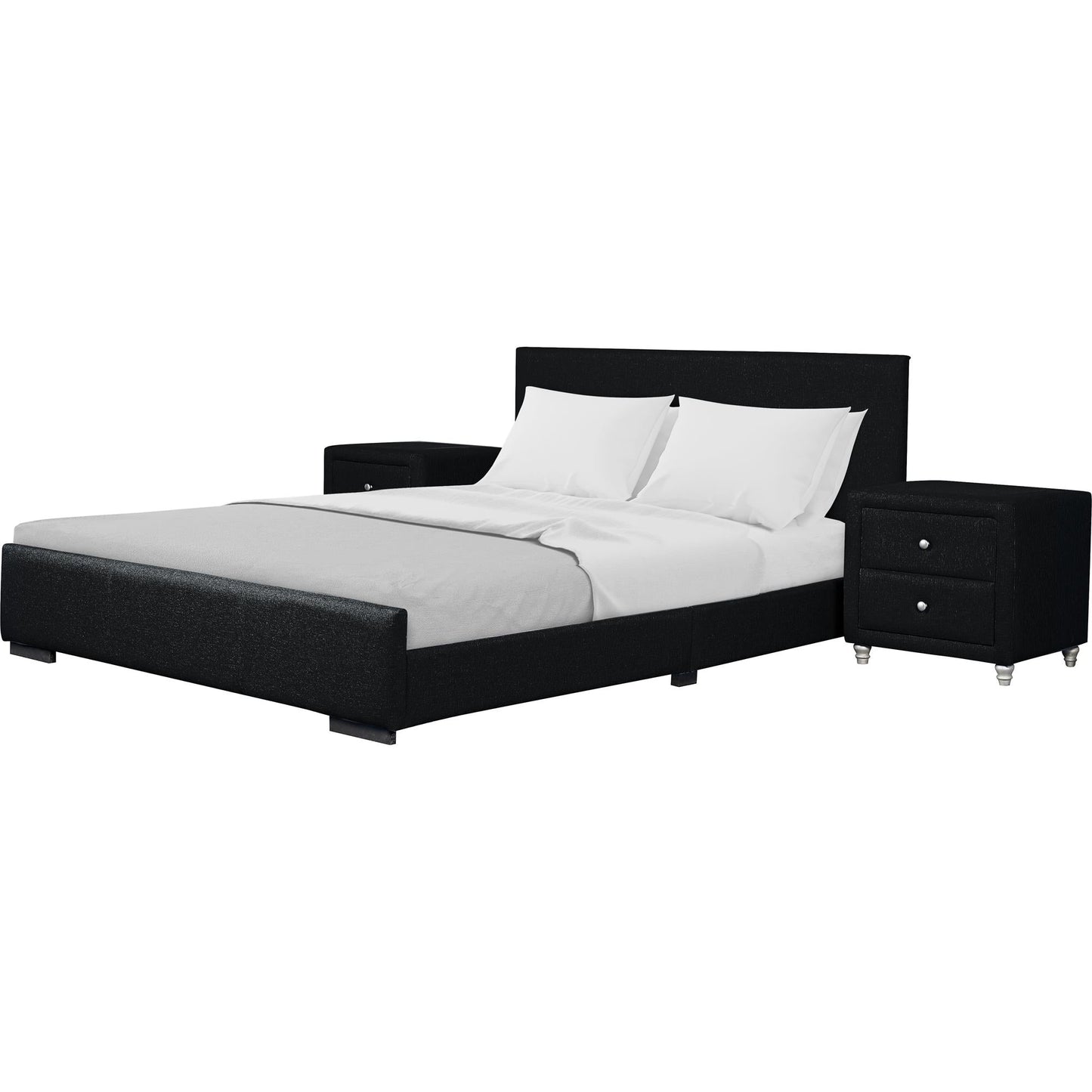 Modern Black Upholstered Platform Bedroom Set with Headboard and Two Matching Nightstands, Queen/King Size