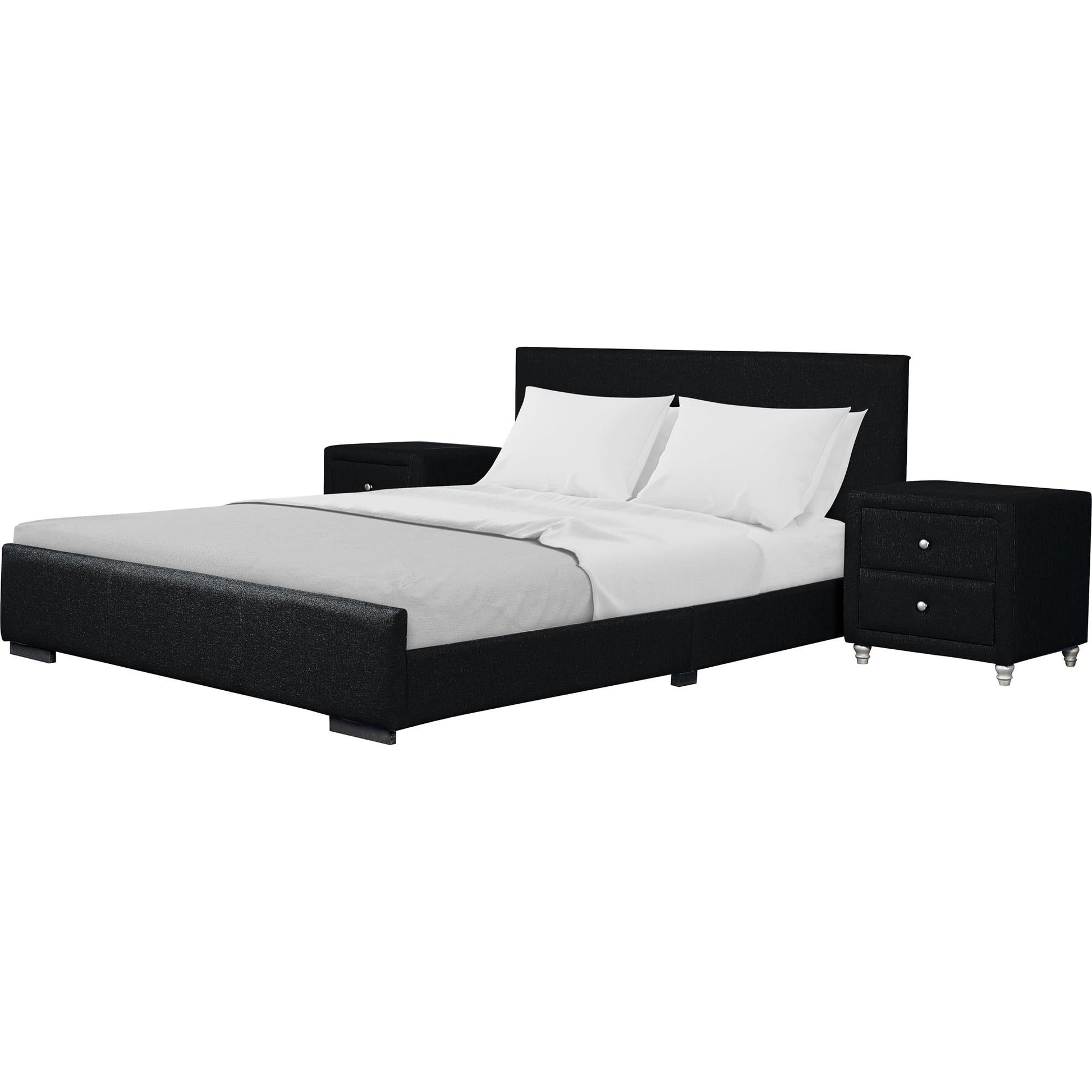 Modern Black Upholstered Platform Bedroom Set with Headboard and Two Matching Nightstands, Queen/King Size