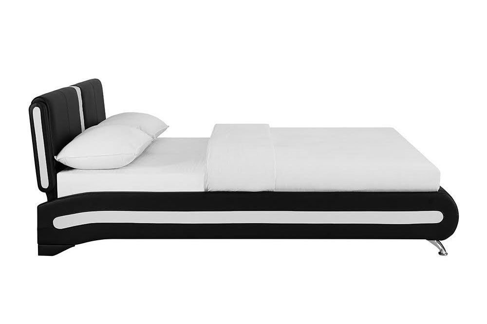 "Side View of Modern Black Upholstered Platform Bed with White Accent Stripes and Sleek Curved Design, Chrome Legs, Queen/King Size