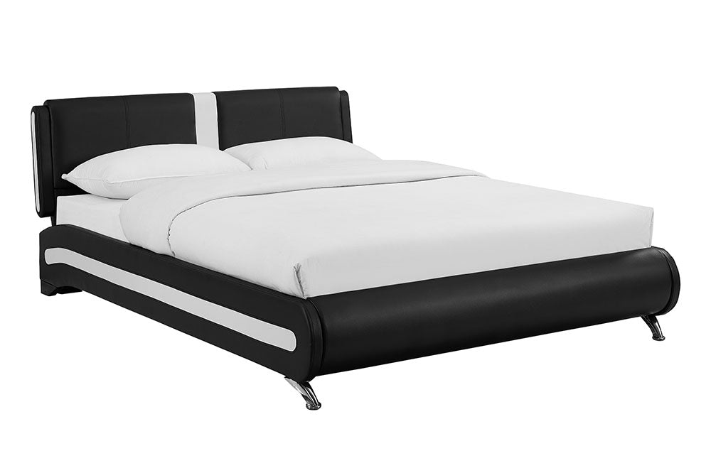 Modern Black Faux Leather Platform Bed with White Accent Stripes on Headboard and Side Rails, Chrome Legs, Queen/King Size
