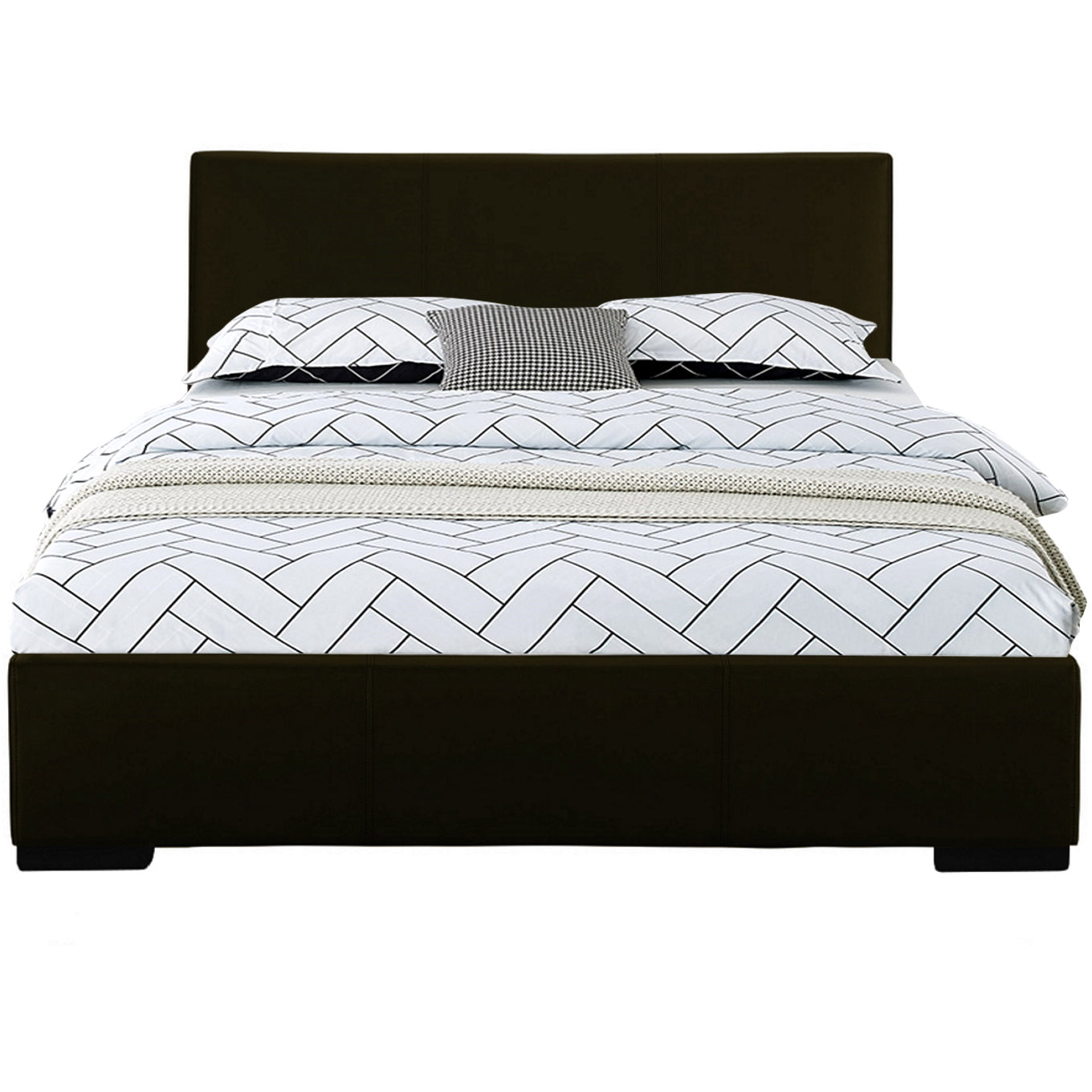 Modern Dark Brown Upholstered Platform Bed with Panel Headboard, Queen/King Size Bed Frame