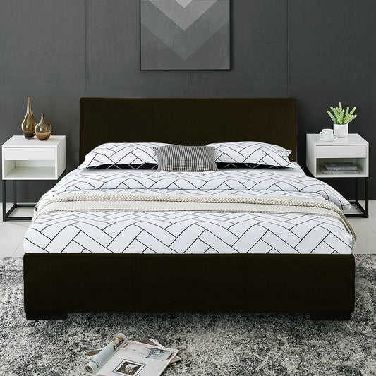 modern dark brown upholstered platform bed with panel headboard, queen/king size