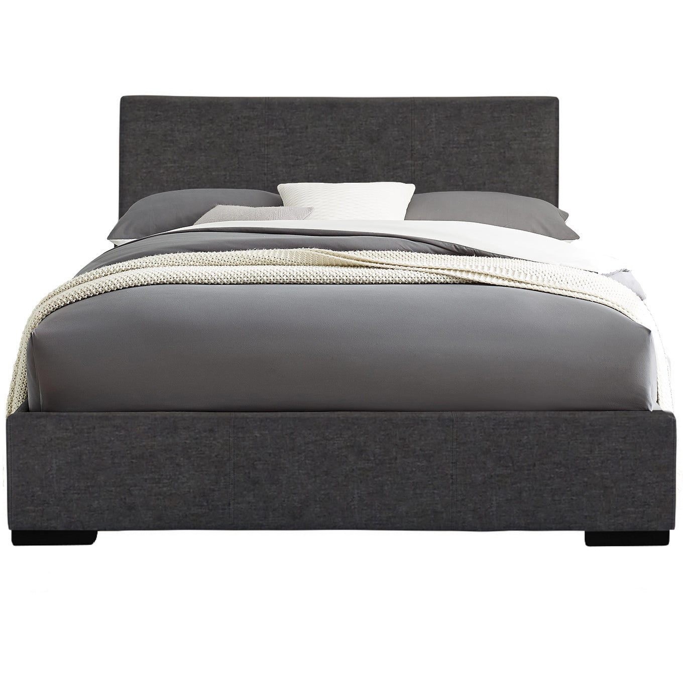 Modern Dark Gray Upholstered Platform Bed with Panel Headboard, Queen/King Size Bed Frame