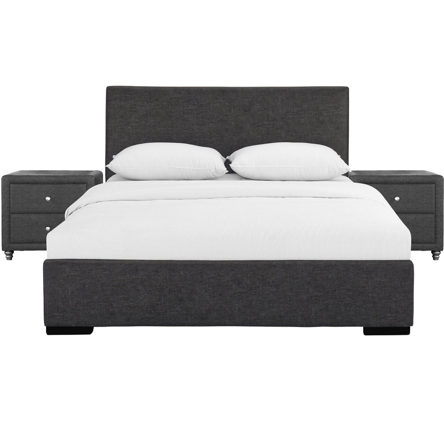Modern Dark Gray Upholstered Platform Bedroom Set with Headboard and Two Matching Nightstands, Queen/King Size