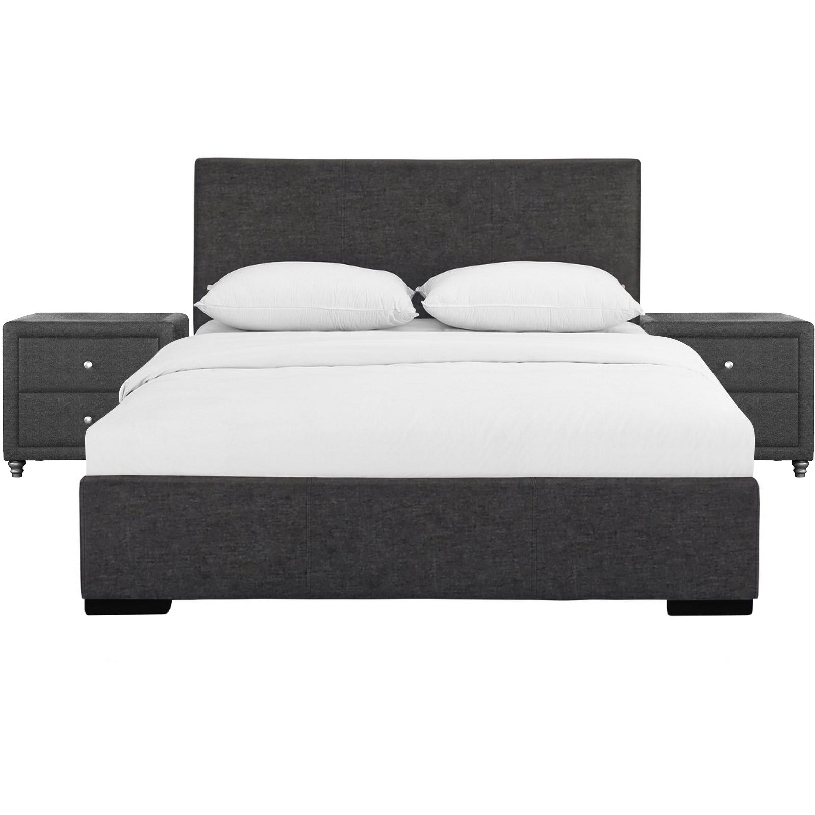 Modern Dark Gray Upholstered Platform Bedroom Set with Headboard and Two Matching Nightstands, Queen/King Size