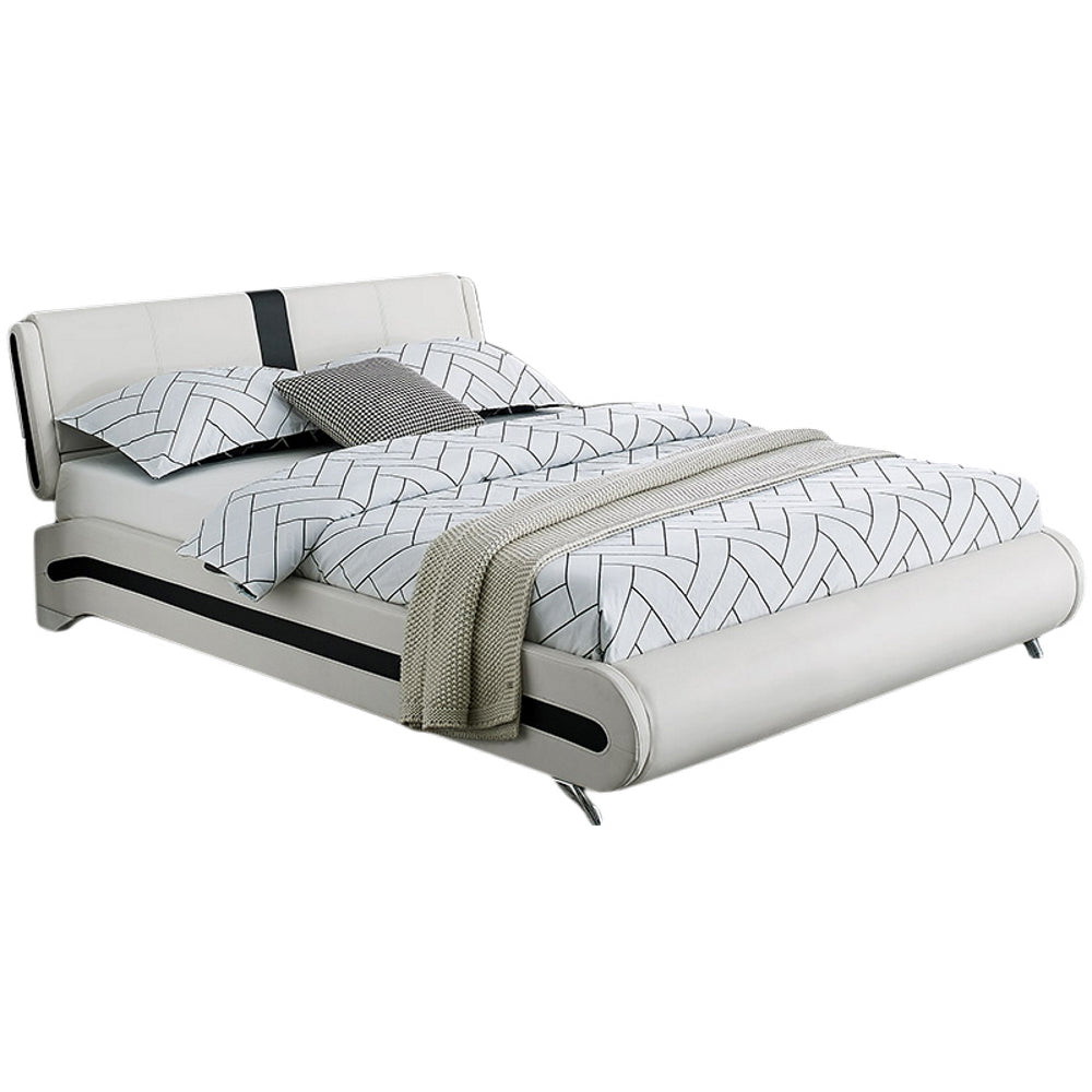 Modern White Upholstered Platform Bed with Black Accent Stripes and Curved Design, Sleek Chrome Legs, Queen/King Size